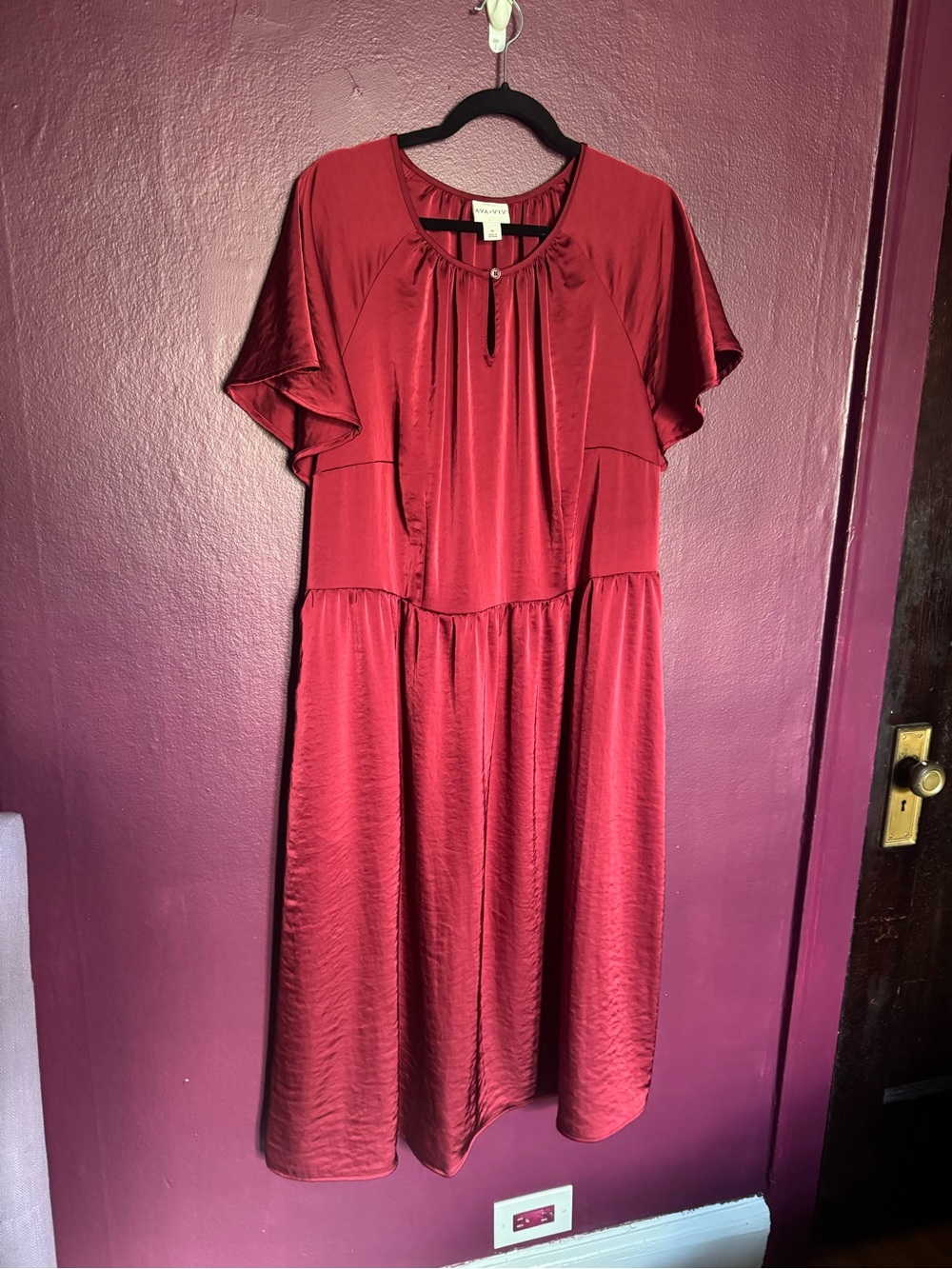Ava & Viv Satin Midi Dress in Wine Red with Flutter Sleeves